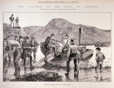 De Nood in het Westen van Ierland: Lossen van Indiaans Maïs op Inishboffin, uit The Illustrated London News, 4 oktober 1886 door English School